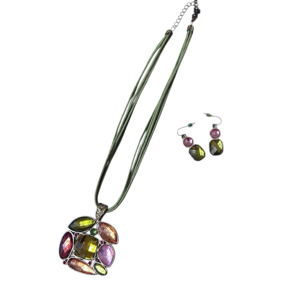 Vintage Multicolor Crystal Pendant Necklace and Earring Set - Green Cord